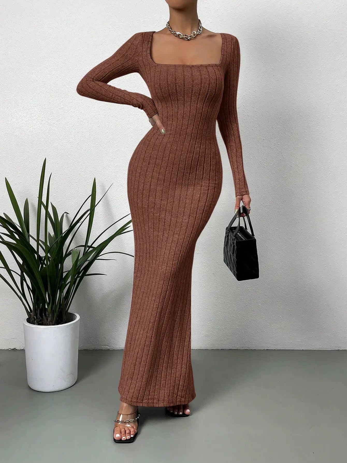 Square Neck Ribbed Mermaid Hem Dress