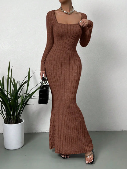 Square Neck Ribbed Mermaid Hem Dress