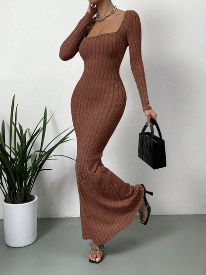 Square Neck Ribbed Mermaid Hem Dress