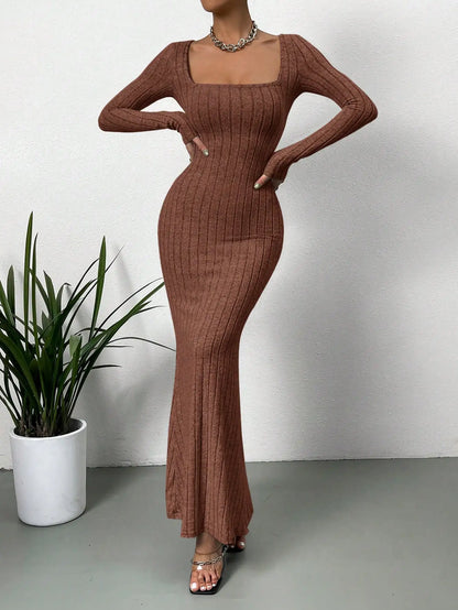 Square Neck Ribbed Mermaid Hem Dress