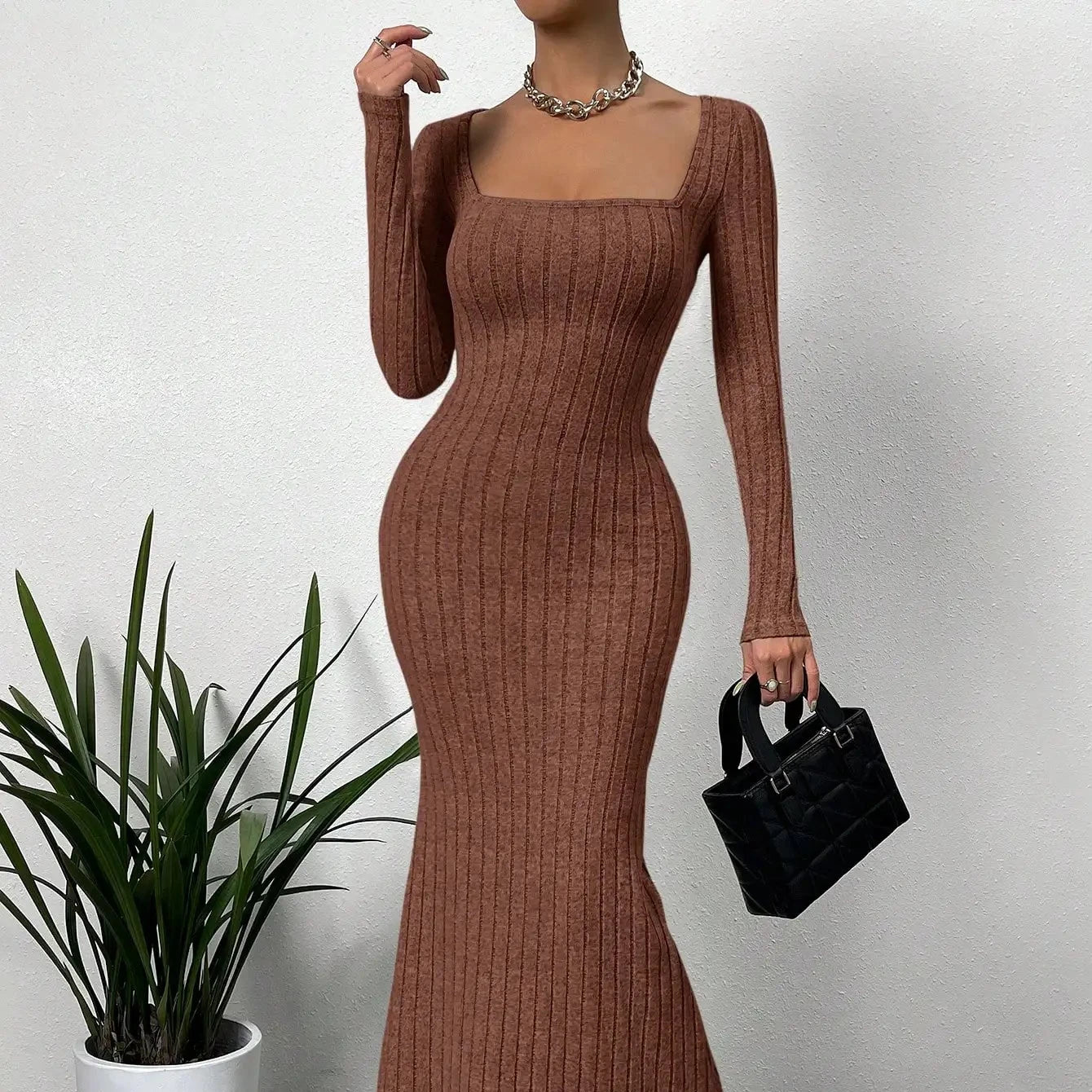 Square Neck Ribbed Mermaid Hem Dress