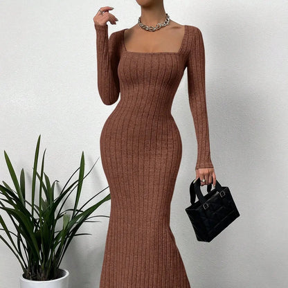 Square Neck Ribbed Mermaid Hem Dress