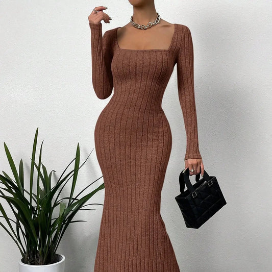Square Neck Ribbed Mermaid Hem Dress
