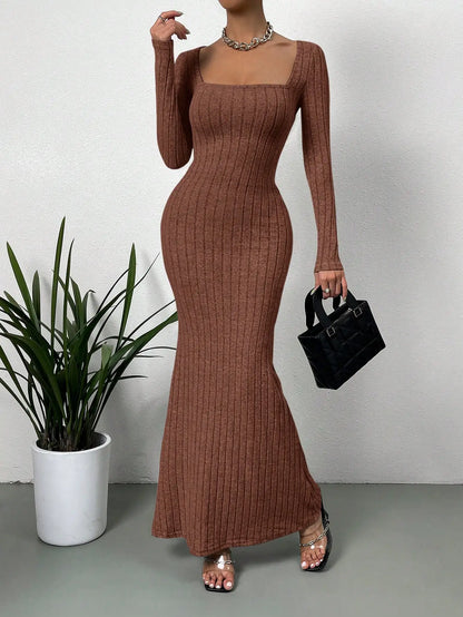 Square Neck Ribbed Mermaid Hem Dress